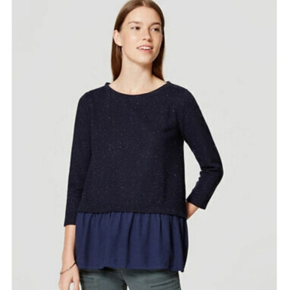 Loft Flecked Multi Media Top Ribbed Sweater Flouncy Sheer Bottom Spring Top - Picture 12 of 13